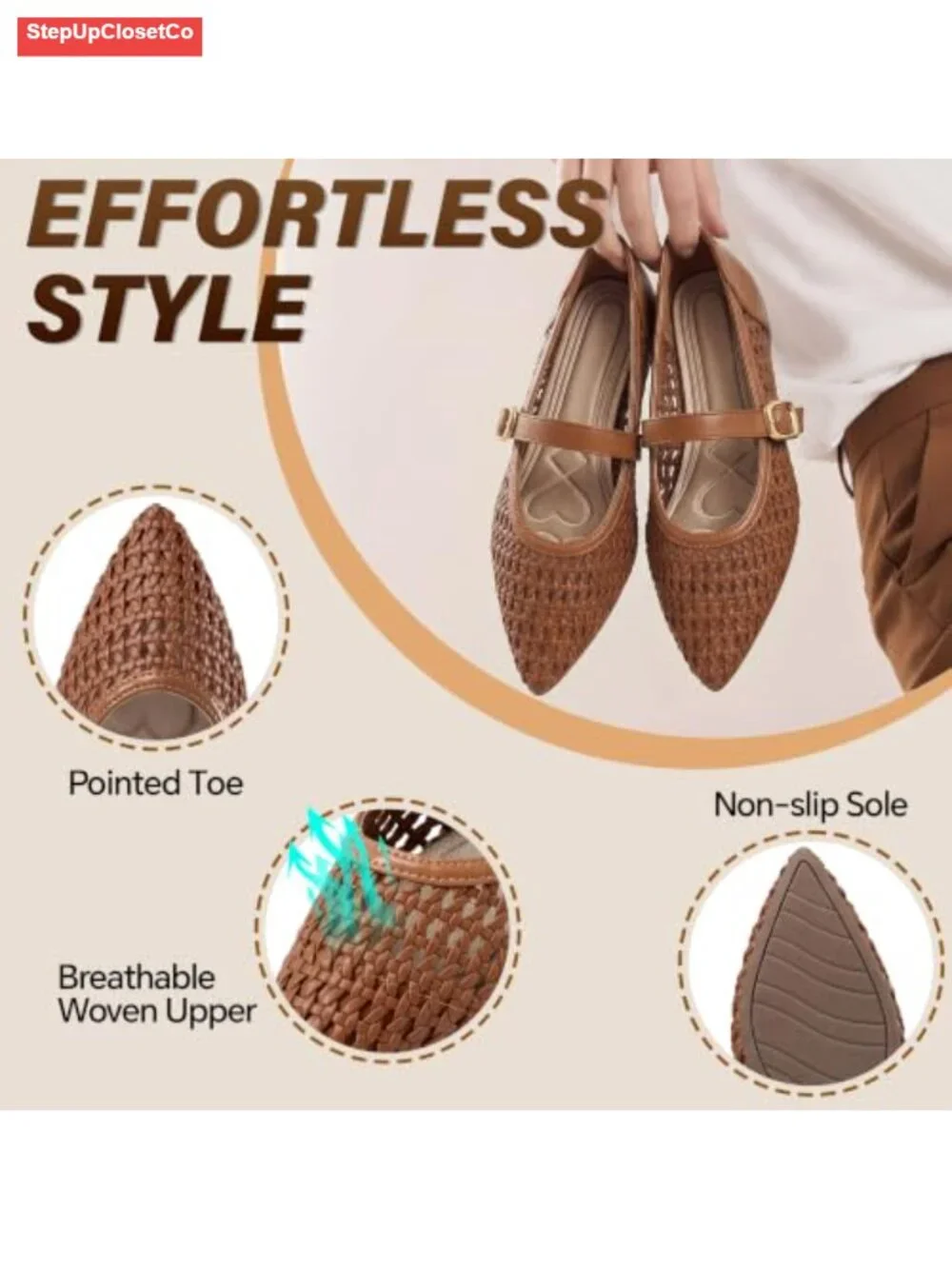 Mesh Mary Jane Ballet Flats Woven Pointed Toe Comfort Shoes